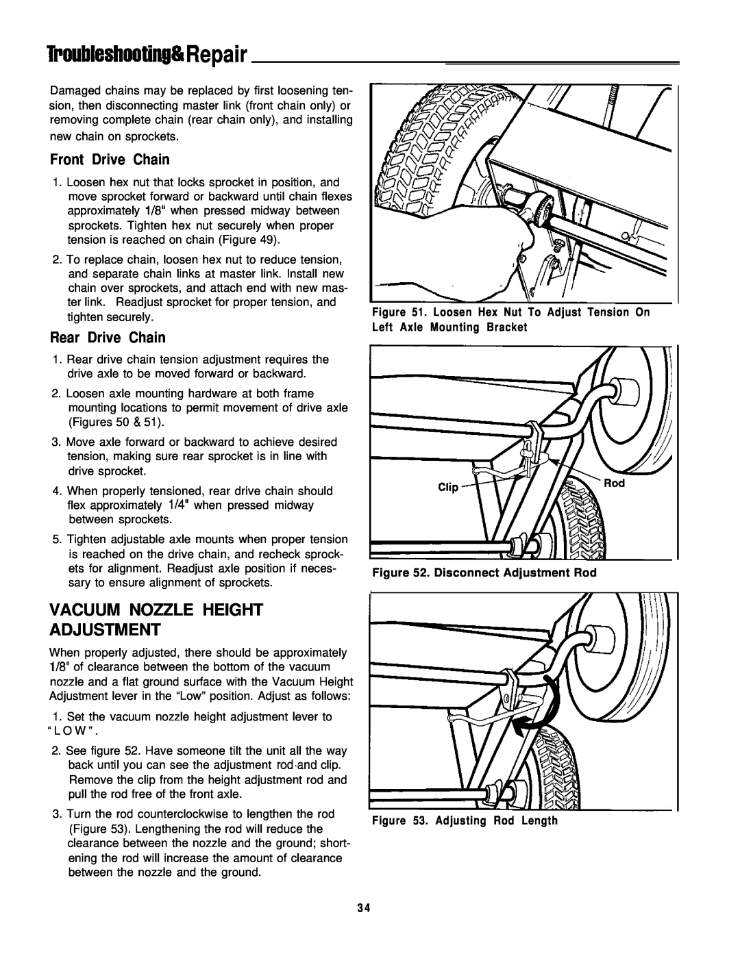 Simplicity 8/25, 6/25 manual Troubleshootin# #IRepair, Vacuum Nozzle Height Adjustment, Front Drive Chain, Rear Drive Chain 