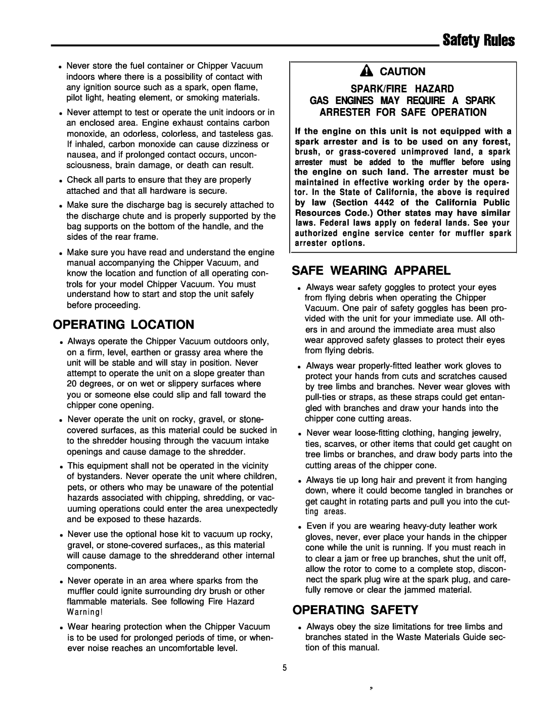 Simplicity 6/25, 8/25 manual Operating Location, Safe Wearing Apparel, Operating Safety, A Caution Spark/Fire Hazard 