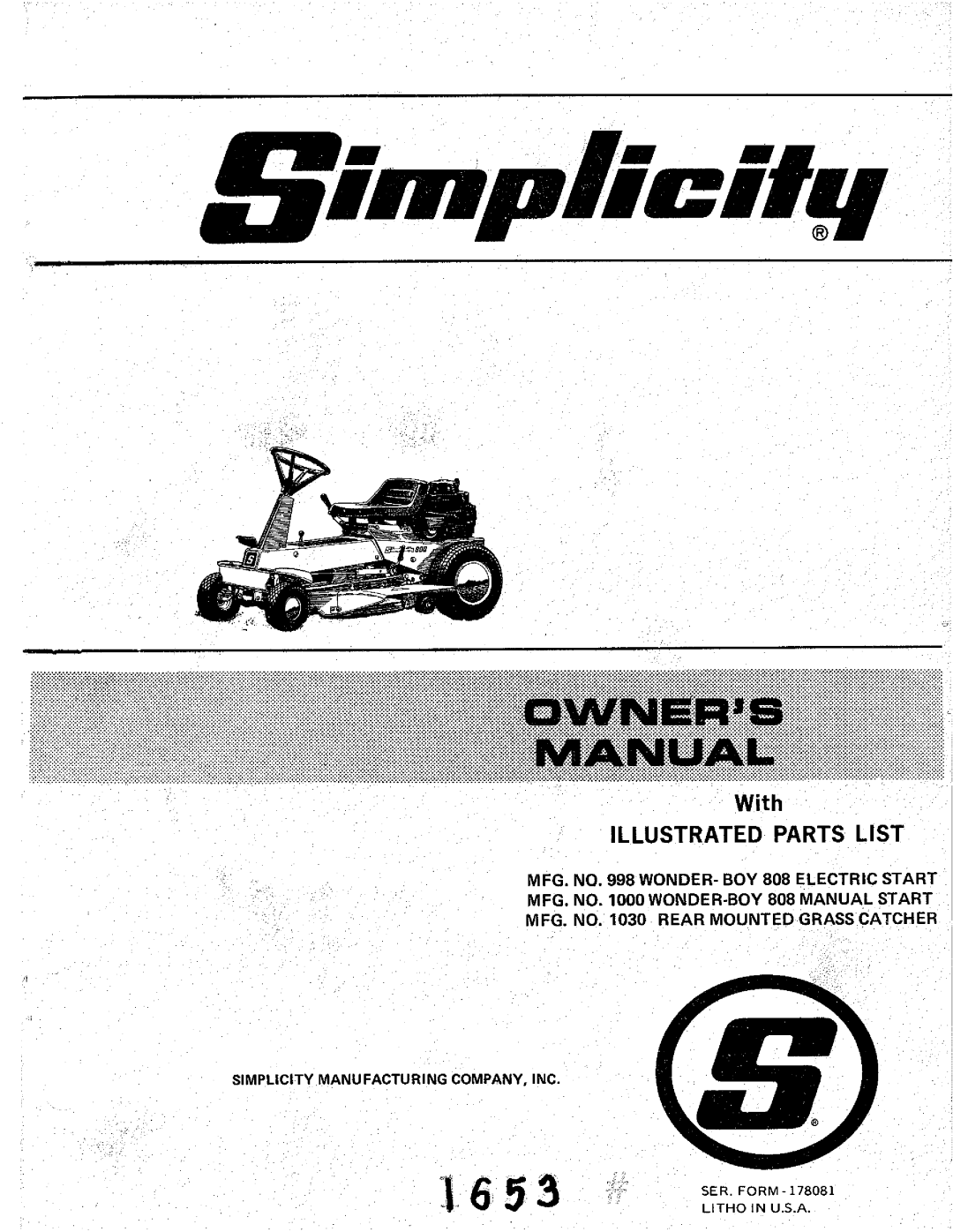 Simplicity 998, 830, 1000 manual 