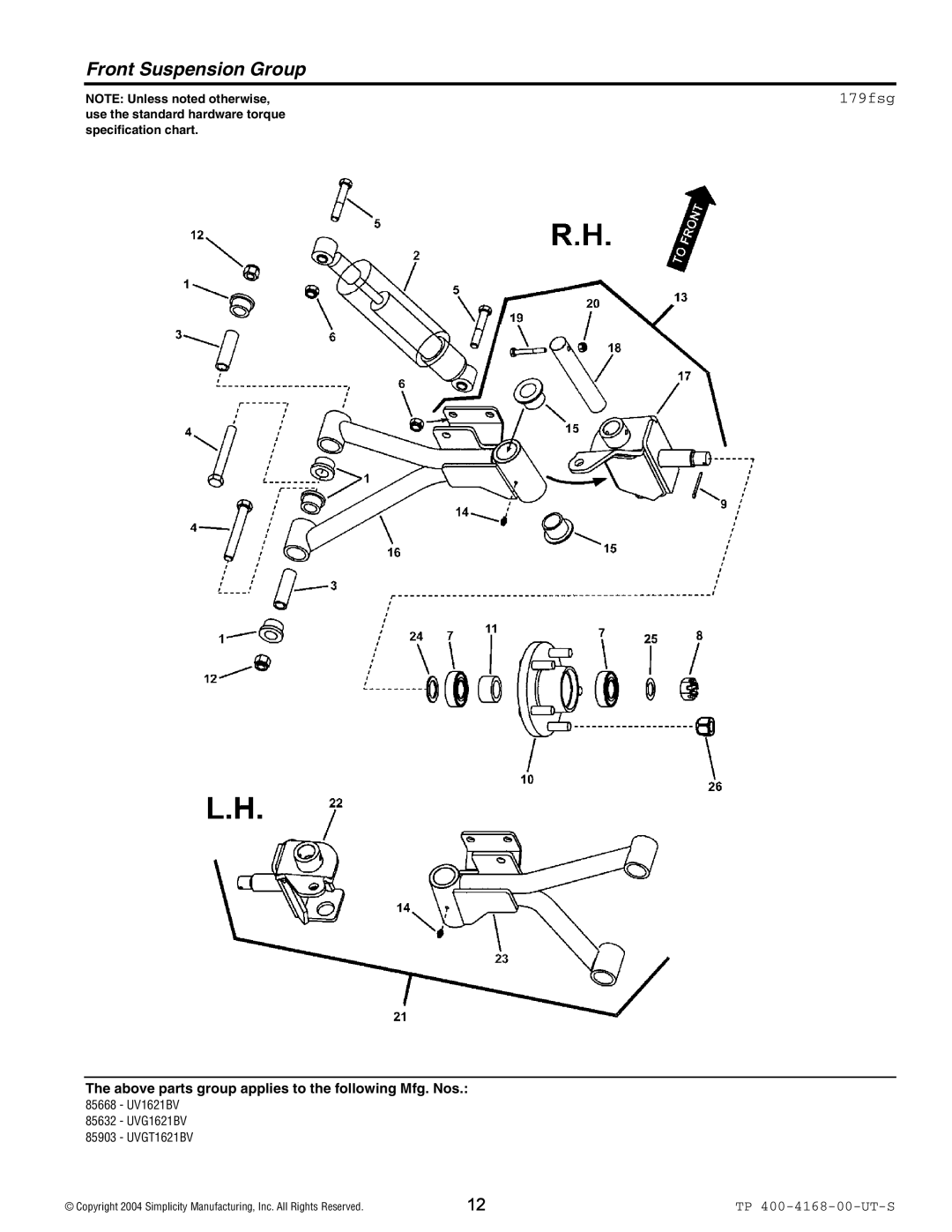 Simplicity 85903, 85632, 85668 manual Front Suspension Group, 179fsg 