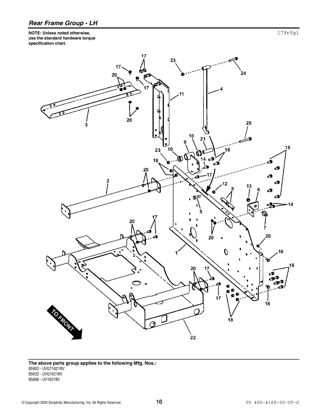 Simplicity 85632, 85903, 85668 manual Rear Frame Group LH, 179rfgl 