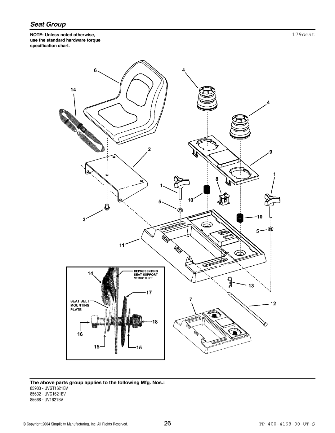 Simplicity 85668, 85903, 85632 manual Seat Group, 179seat 