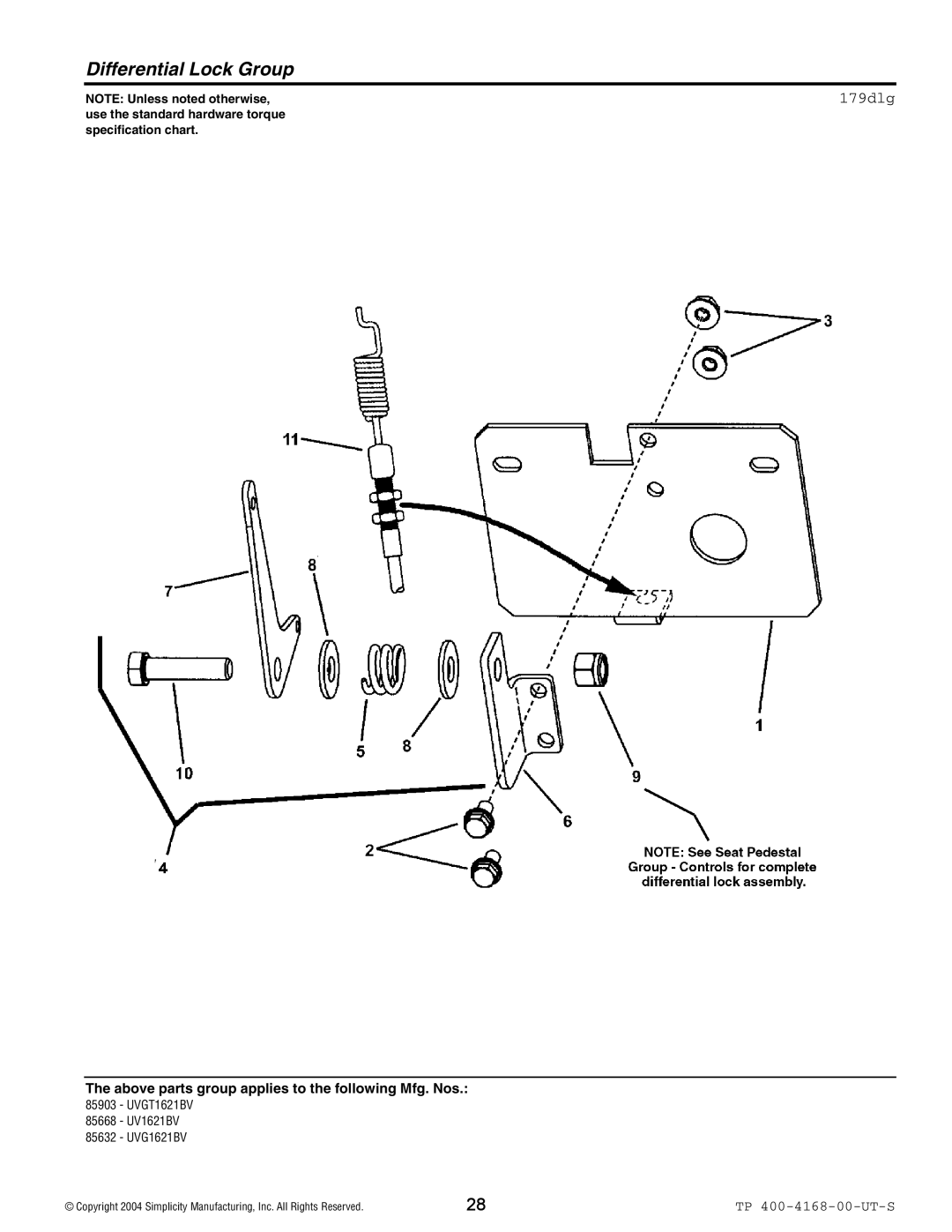 Simplicity 85632, 85903, 85668 manual Differential Lock Group, 179dlg 