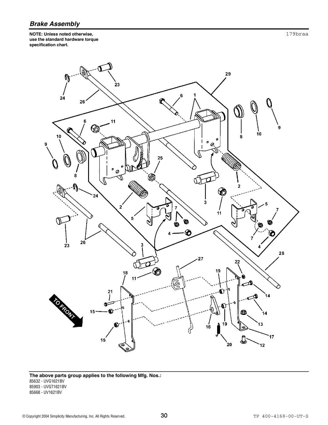 Simplicity 85903, 85632, 85668 manual Brake Assembly, 179braa 