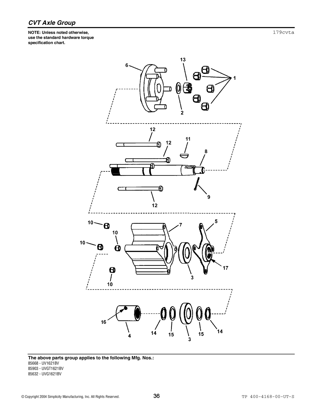 Simplicity 85903, 85632, 85668 manual CVT Axle Group, 179cvta 