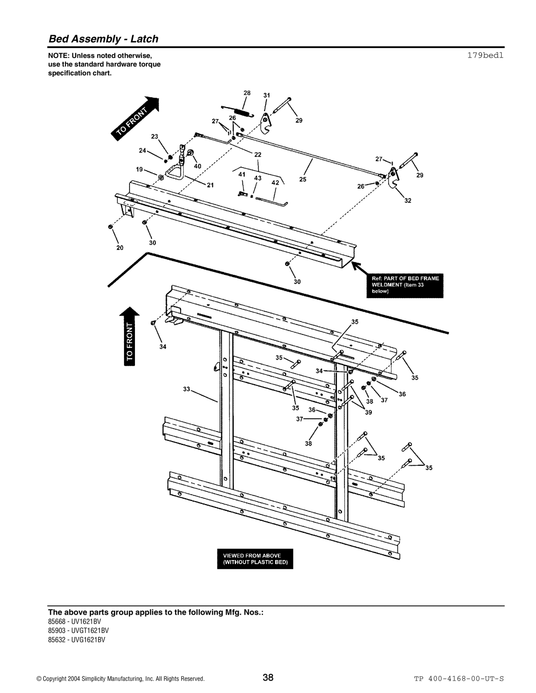 Simplicity 85668, 85903, 85632 manual Bed Assembly Latch, 179bedl 