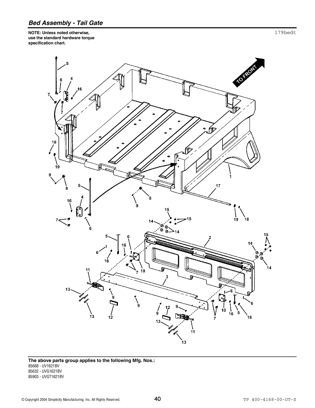 Simplicity 85632, 85903, 85668 manual Bed Assembly Tail Gate, 179bedt 