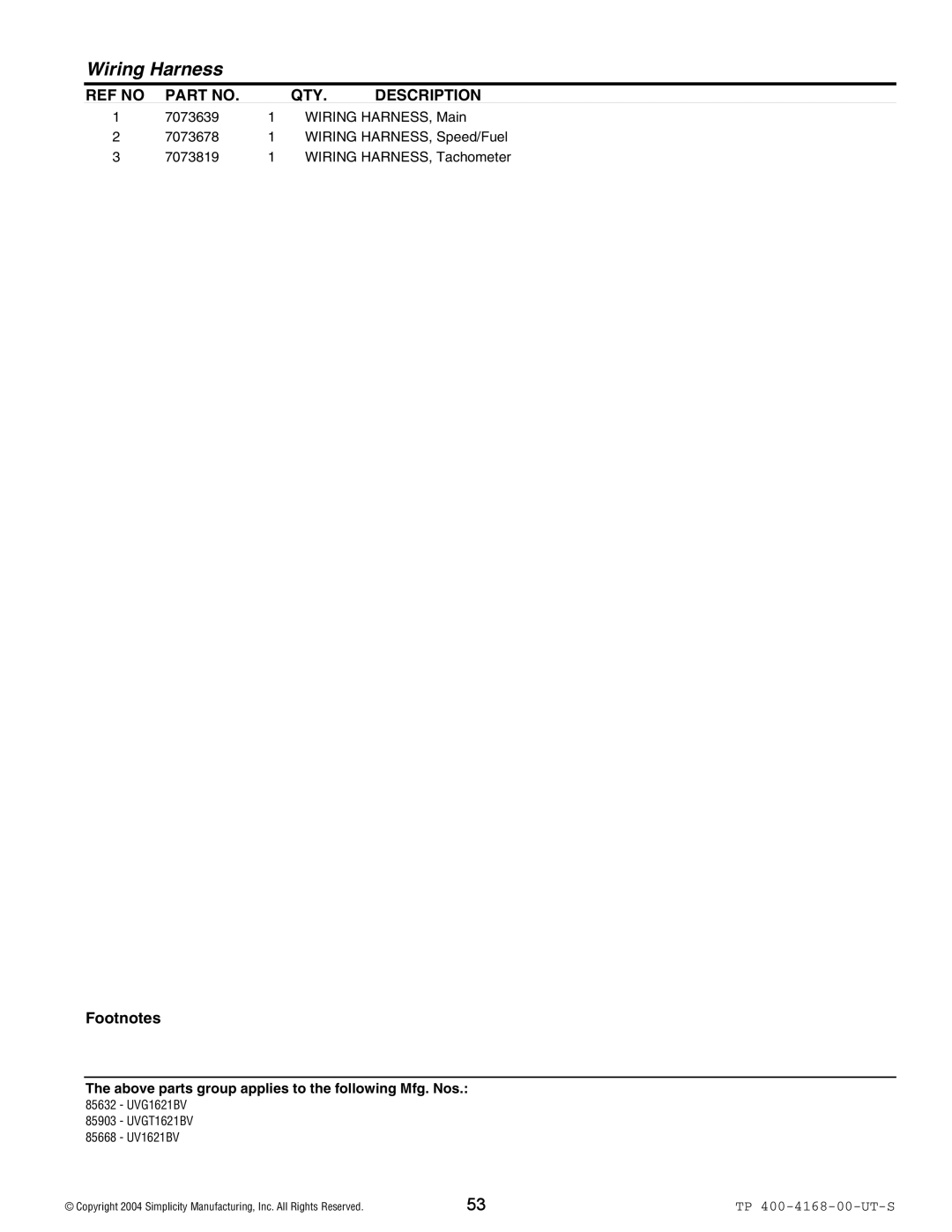 Simplicity 85668, 85903, 85632 manual Wiring Harness 