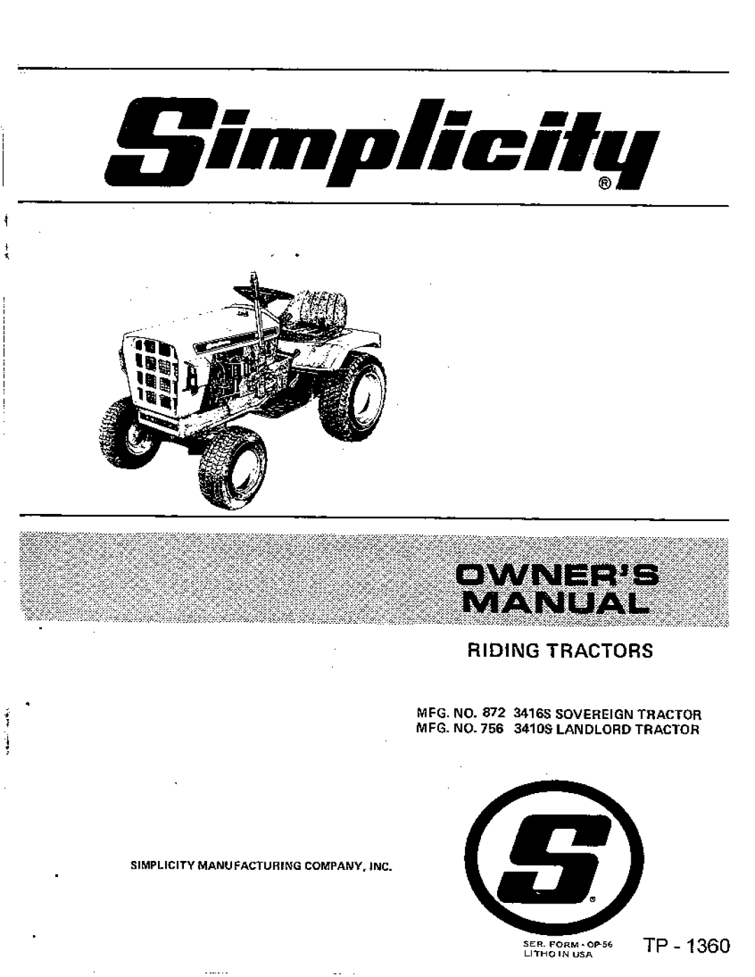 Simplicity 756 3410S, 872 3416S manual 