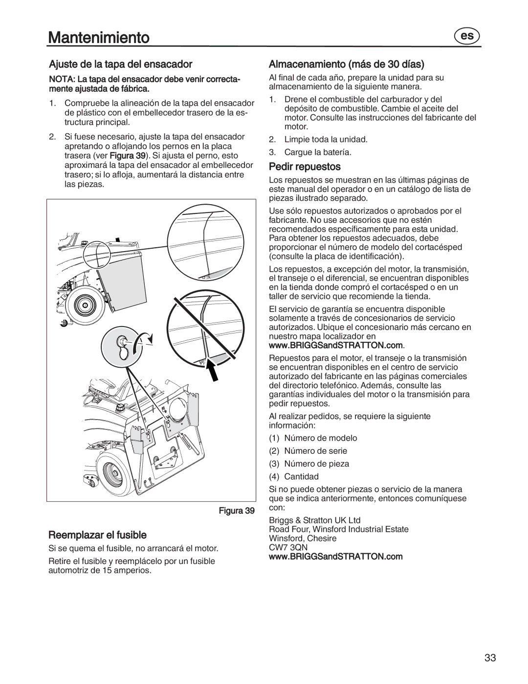 Simplicity 7800352 Ajuste de la tapa del ensacador, Reemplazar el fusible, Almacenamiento más de 30 días, Pedir repuestos 