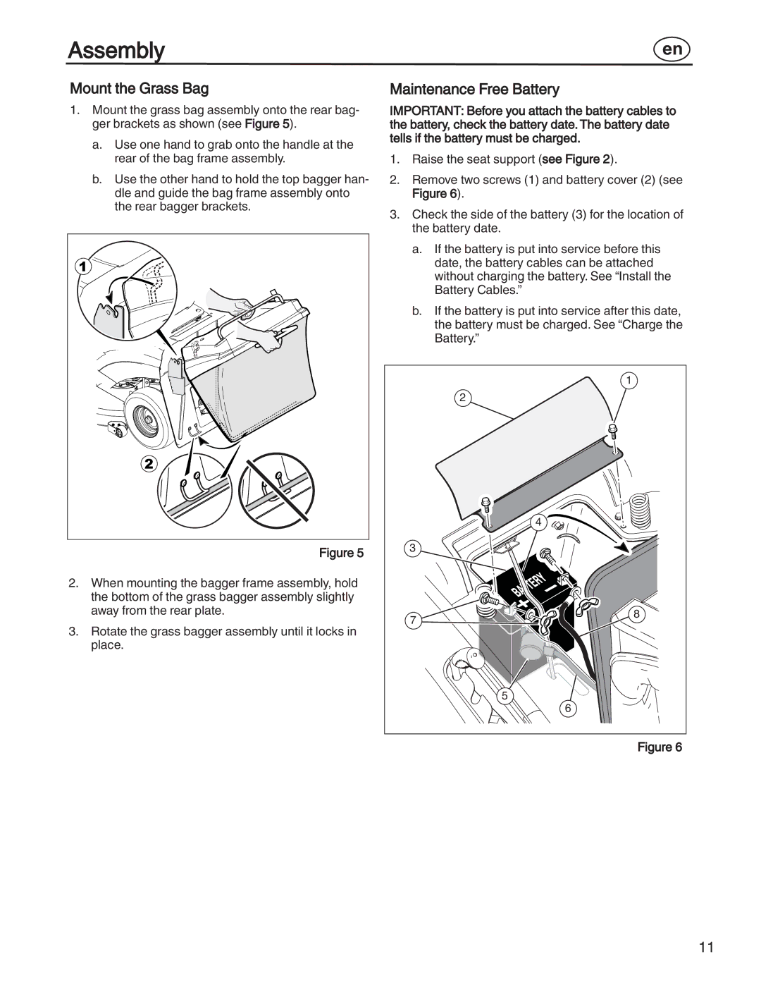 Simplicity 7800357, 885193, 7800356, 7800353, 7800352 manual Mount the Grass Bag, Maintenance Free Battery 