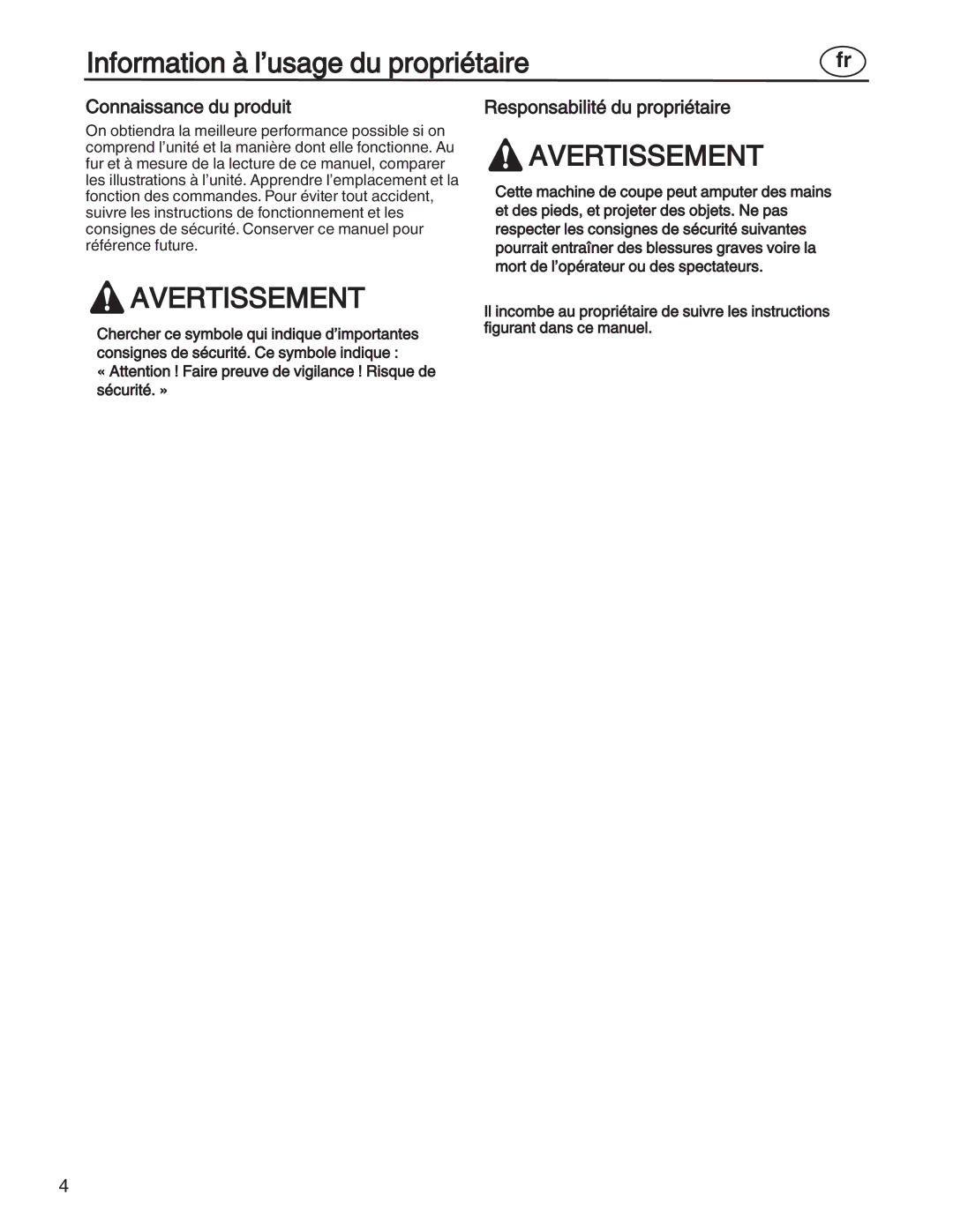 Simplicity 7800353, 885193 Information à l’usage du propriétaire, Connaissance du produit, Responsabilité du propriétaire 