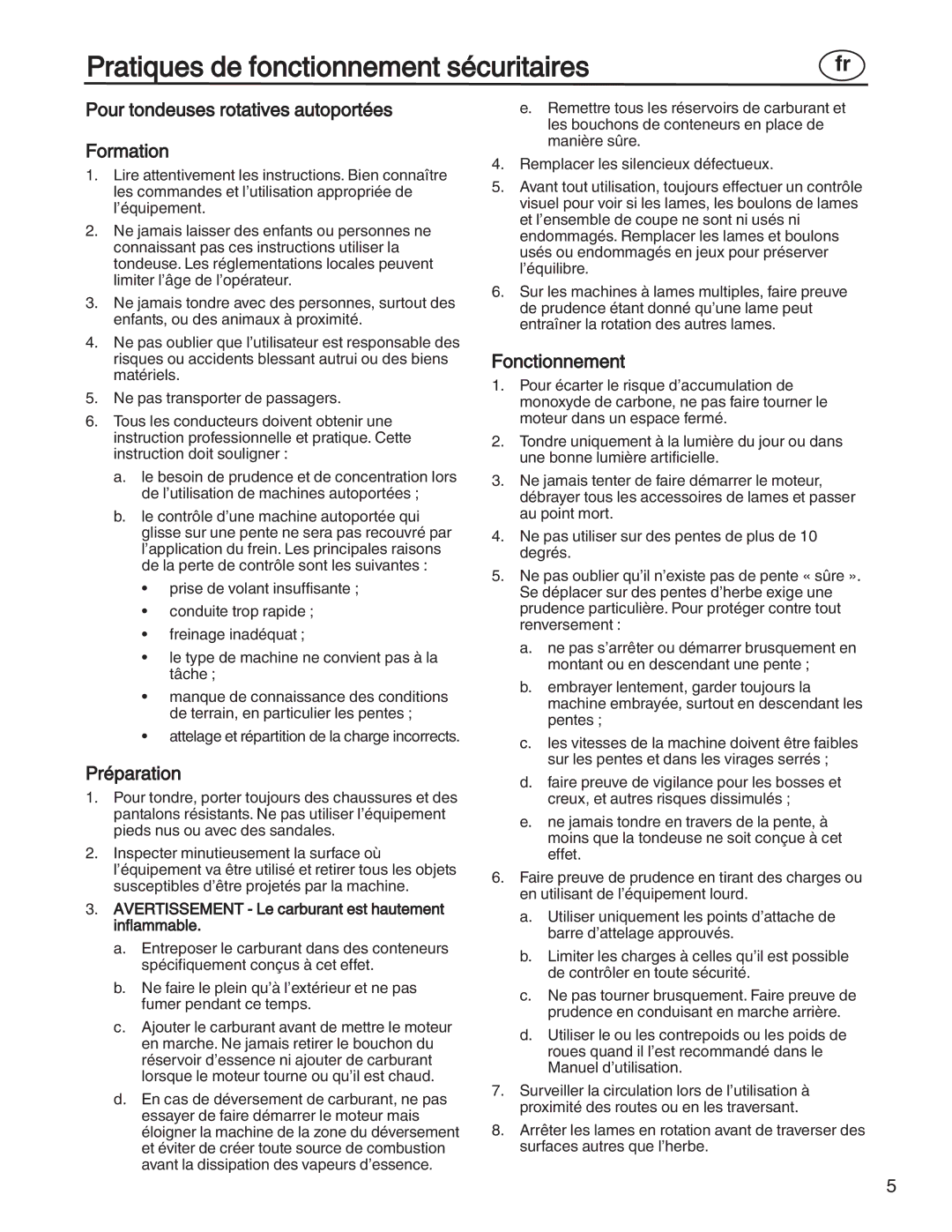 Simplicity 7800352 Pratiques de fonctionnement sécuritaires, Pour tondeuses rotatives autoportées Formation, Préparation 