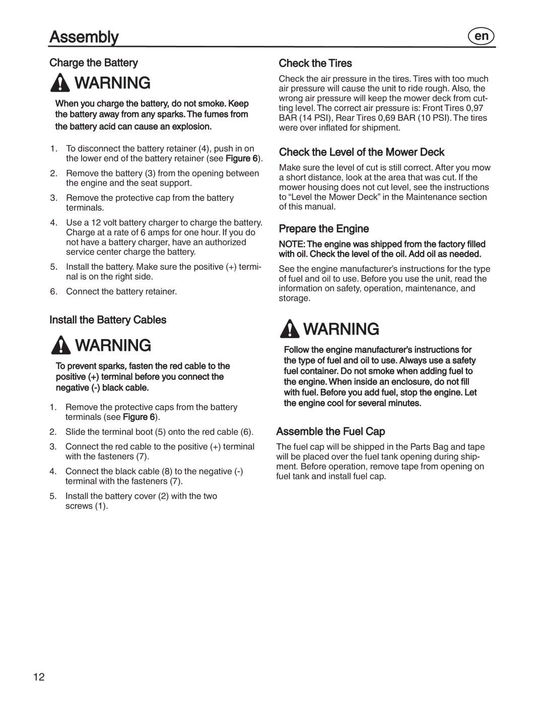 Simplicity 7800356, 885193 manual Charge the Battery, Check the Tires, Check the Level of the Mower Deck, Prepare the Engine 