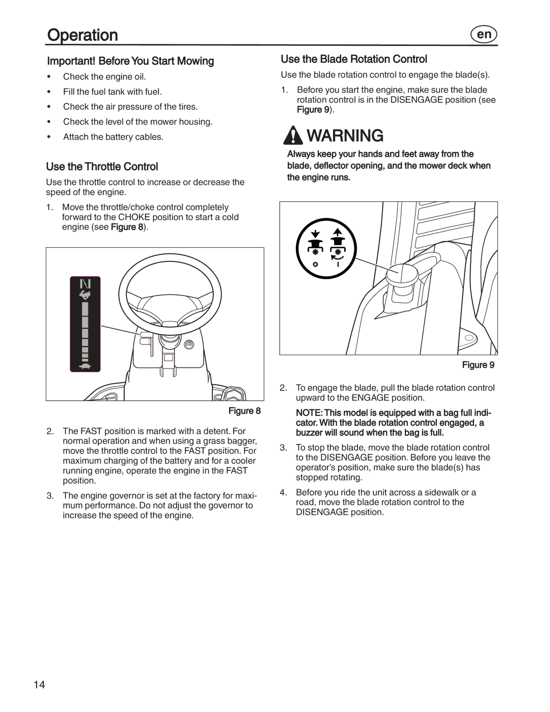 Simplicity 7800352, 885193 Important! Before You Start Mowing, Use the Throttle Control, Use the Blade Rotation Control 