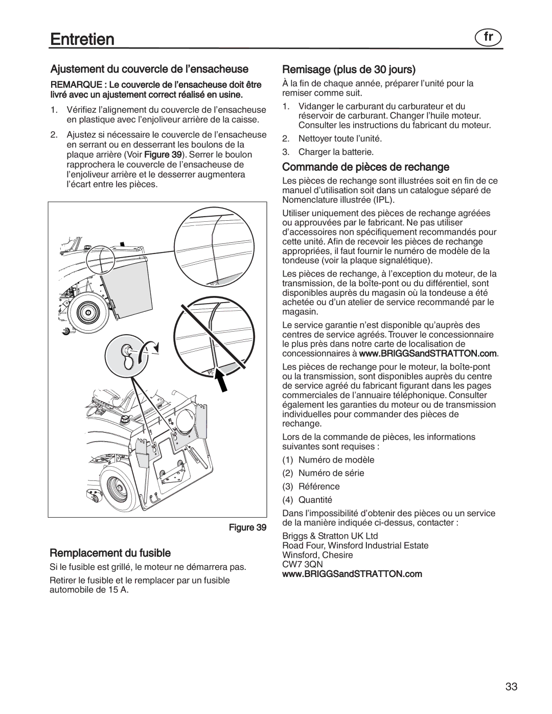 Simplicity 7800356, 885193 Ajustement du couvercle de l’ensacheuse, Remplacement du fusible, Remisage plus de 30 jours 