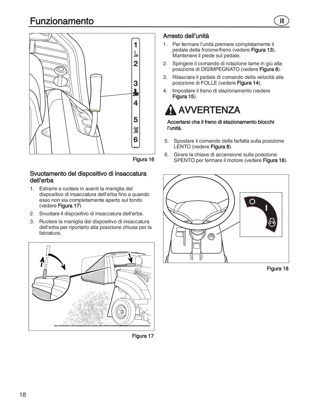 Simplicity 885193, 7800357, 7800356, 7800353 manual Arresto dell’unità, Svuotamento del dispositivo di insaccatura dell’erba 