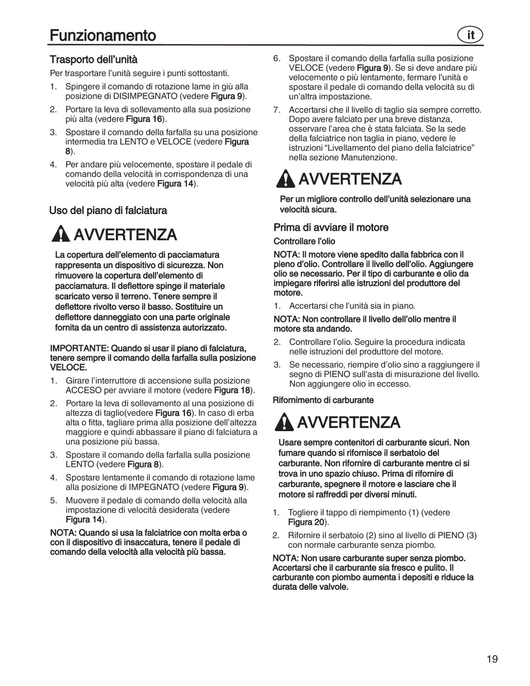 Simplicity 7800357, 885193, 7800356, 7800353 Trasporto dell’unità, Uso del piano di falciatura, Prima di avviare il motore 