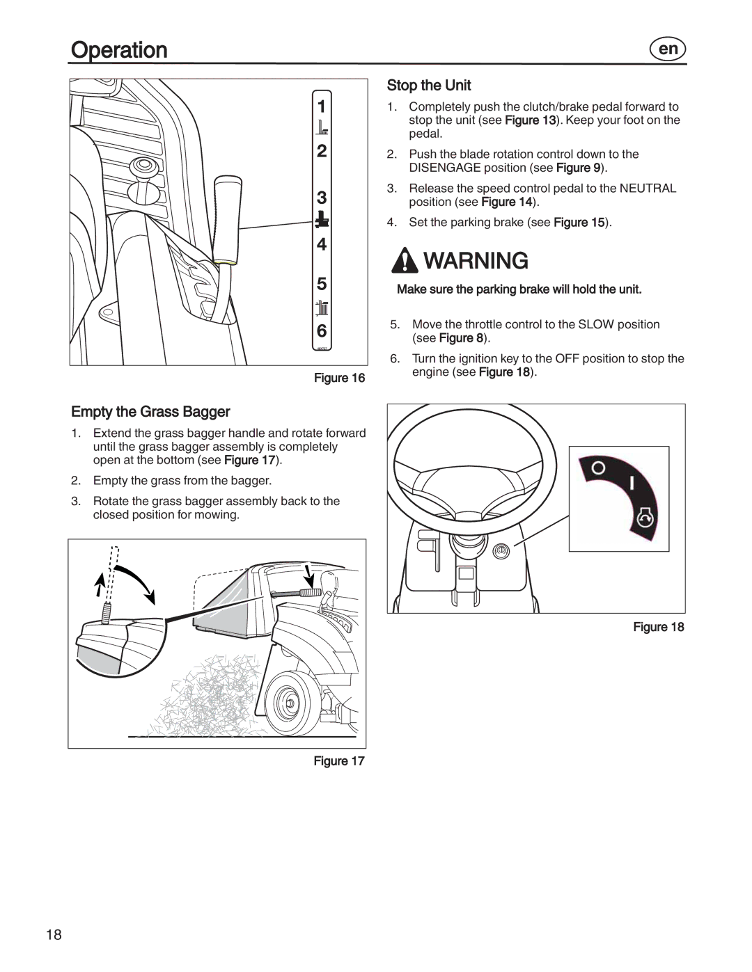 Simplicity 7800353 manual Stop the Unit, Empty the Grass Bagger, Make sure the parking brake will hold the unit, See Figure 