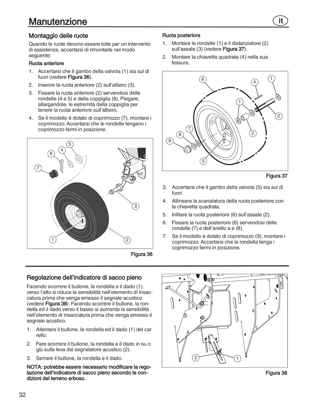 Simplicity 7800352, 885193, 7800357 manual Montaggio delle ruote, Regolazione dell’indicatore di sacco pieno, Ruota anteriore 