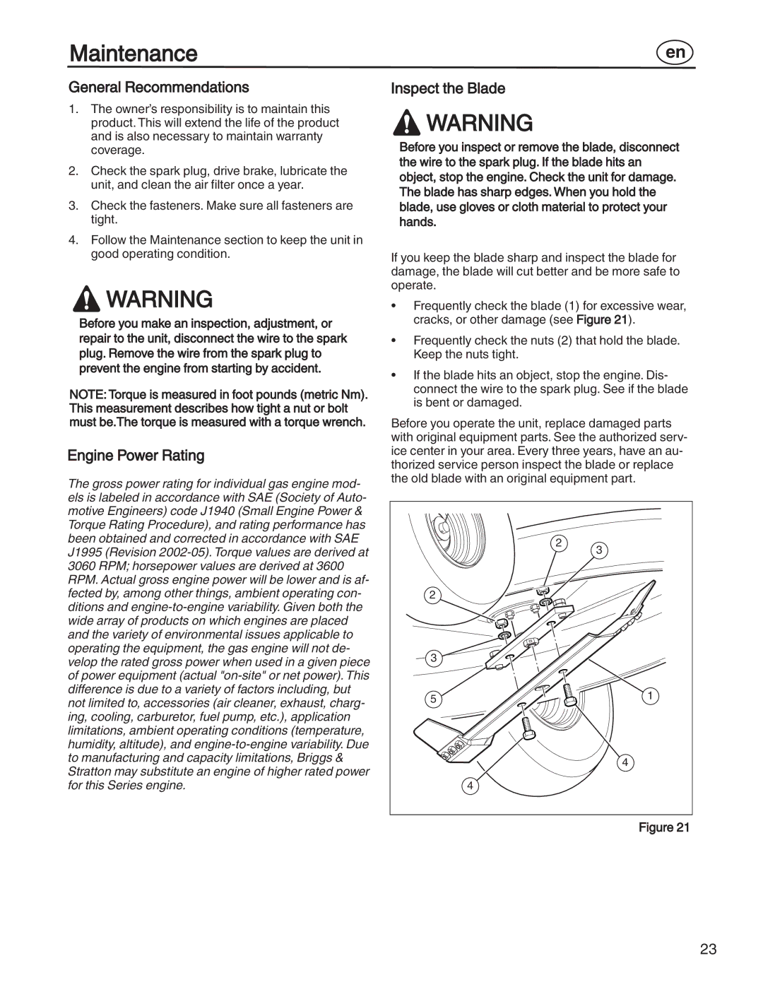Simplicity 7800353, 885193, 7800357, 7800356 Maintenance, General Recommendations, Engine Power Rating, Inspect the Blade 