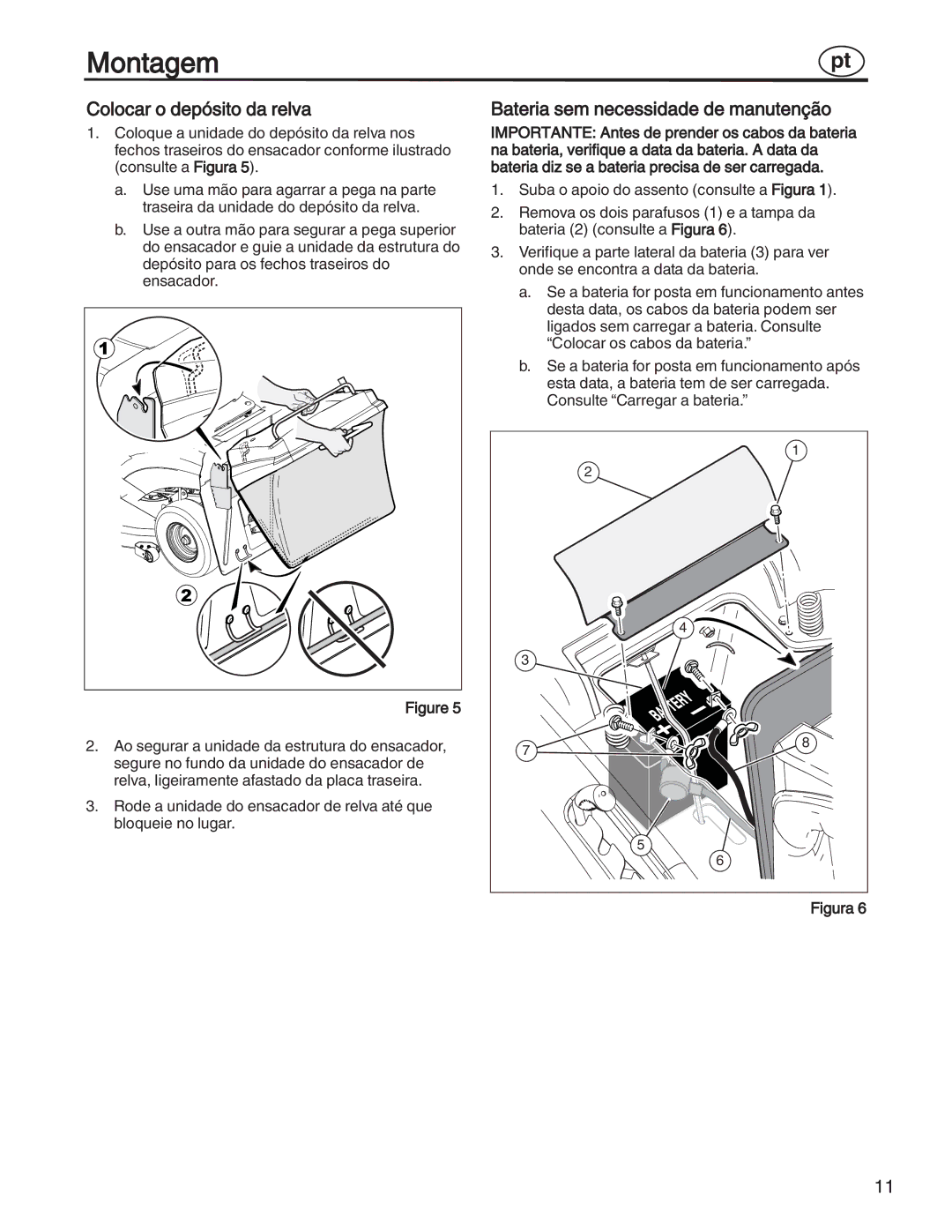 Simplicity 7800352, 885193, 7800357, 7800356, 7800353 manual Colocar o depósito da relva, Bateria sem necessidade de manutenção 