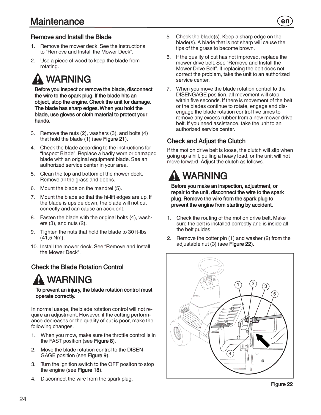 Simplicity 7800352, 885193 Remove and Install the Blade, Check the Blade Rotation Control, Check and Adjust the Clutch 