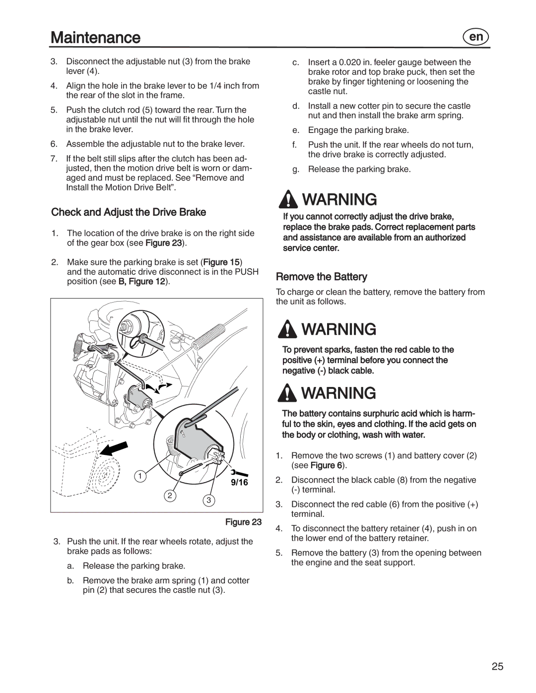 Simplicity 885193, 7800357, 7800356, 7800353, 7800352 manual Check and Adjust the Drive Brake, Remove the Battery 