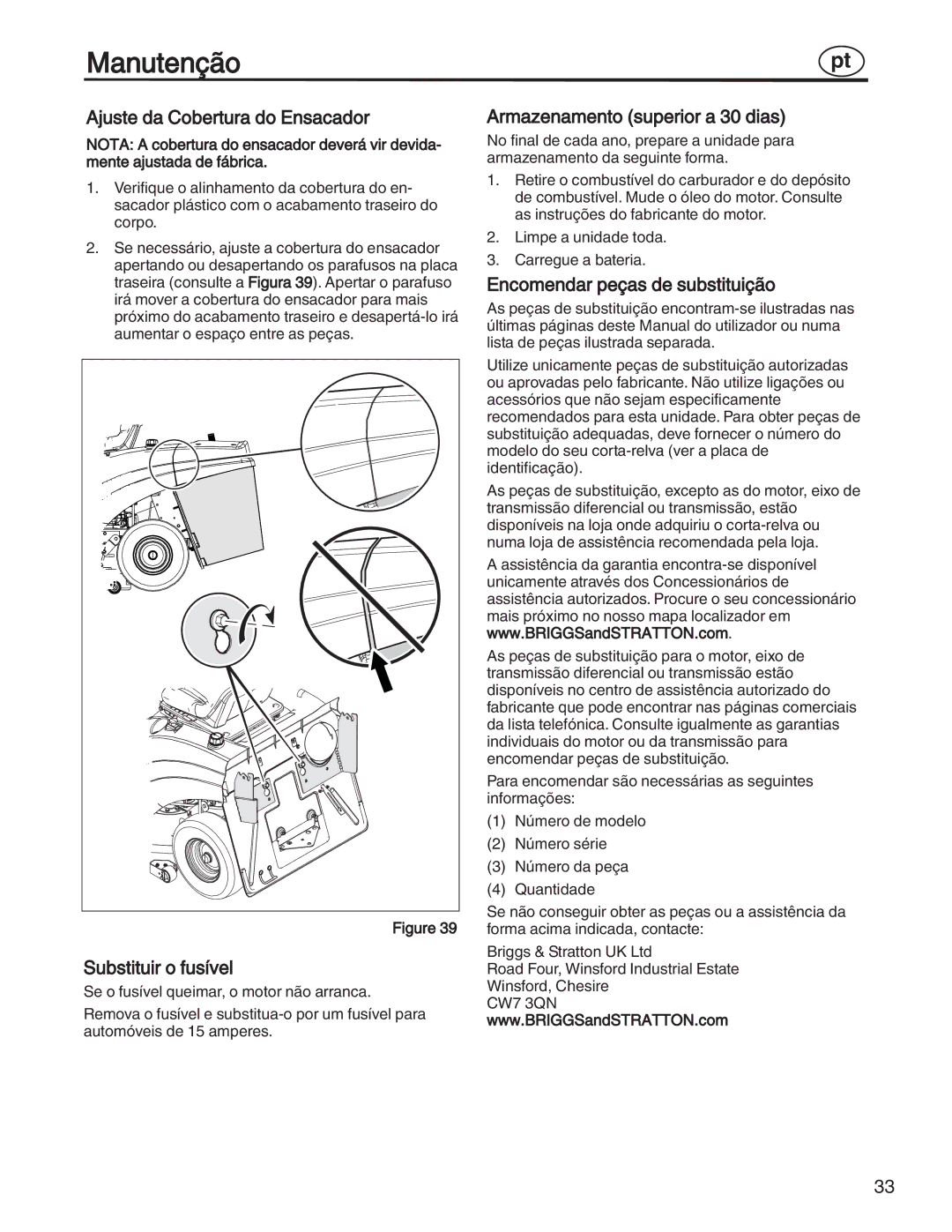 Simplicity 7800357, 885193 manual Ajuste da Cobertura do Ensacador, Substituir o fusível, Armazenamento superior a 30 dias 