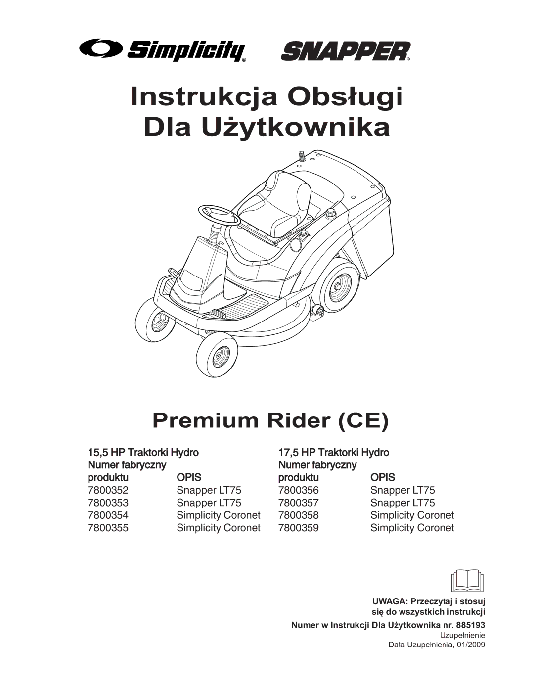 Simplicity 7800356, 885193, 7800357, 7800353, 7800352 manual Instrukcja Obsługi Dla Użytkownika, Produktu 