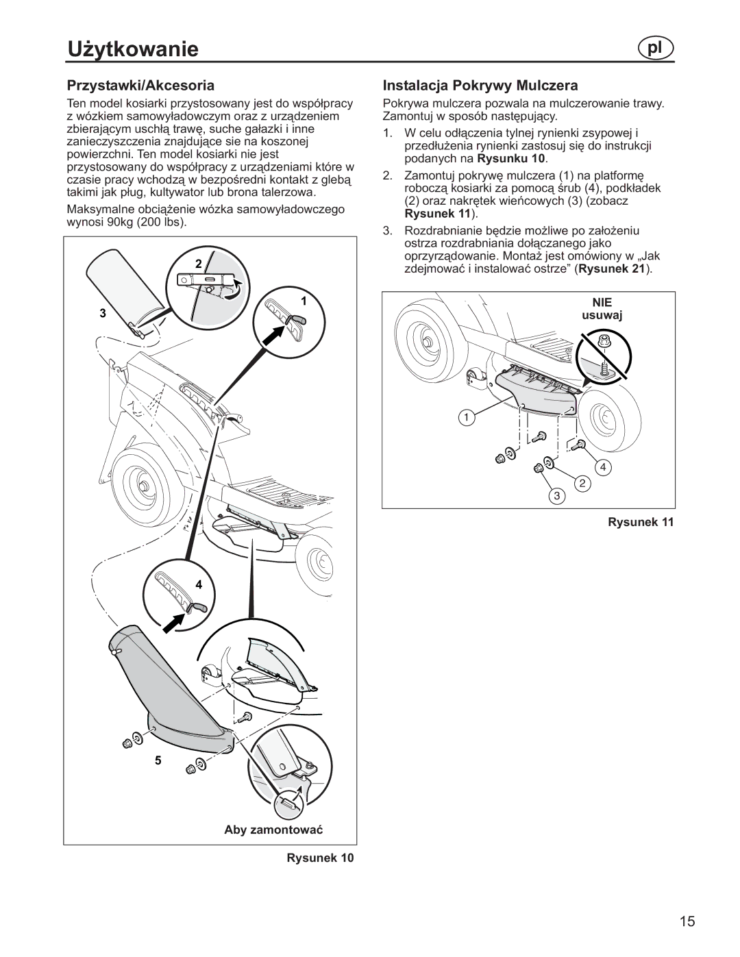 Simplicity 7800357, 885193, 7800356, 7800353, 7800352 manual Przystawki/Akcesoria, Instalacja Pokrywy Mulczera 