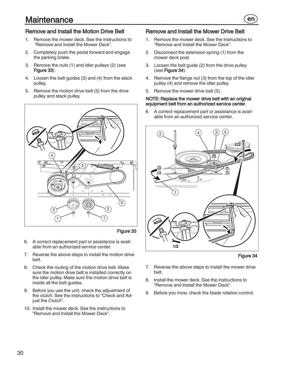 Simplicity 885193, 7800357, 7800356 manual Remove and Install the Motion Drive Belt, Remove and Install the Mower Drive Belt 