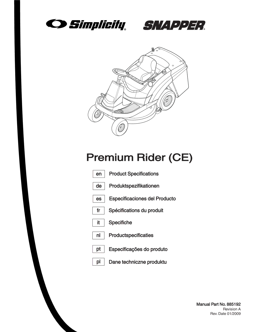 Simplicity 885193, 7800357, 7800356, 7800353, 7800352 manual Premium Rider CE 