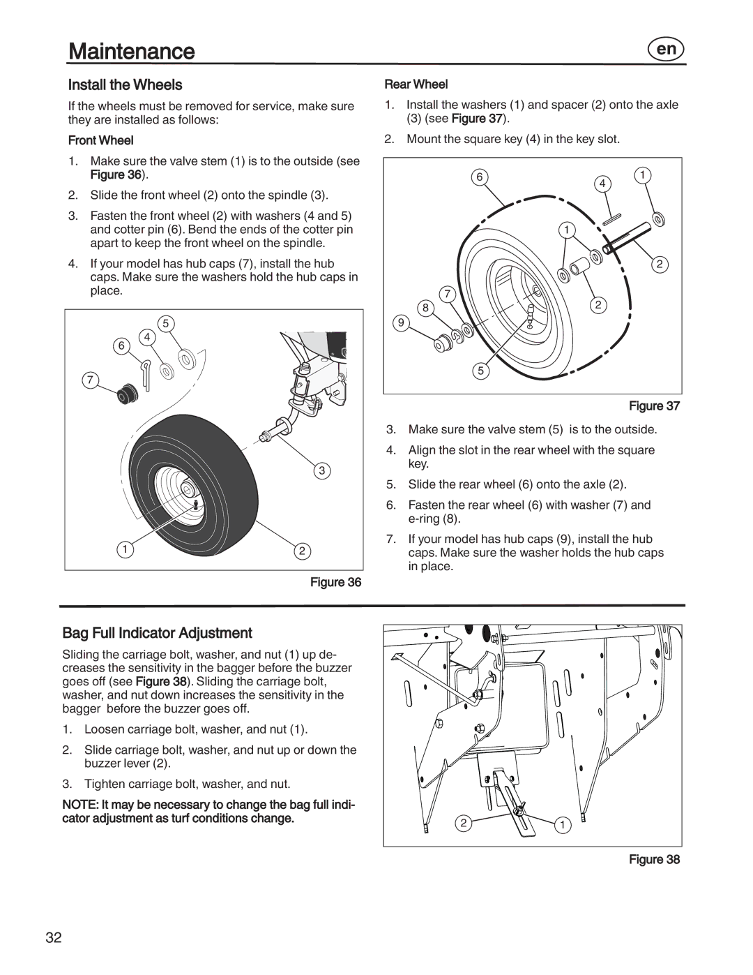 Simplicity 7800356, 885193, 7800357, 7800353 manual Install the Wheels, Bag Full Indicator Adjustment, Front Wheel, Rear Wheel 