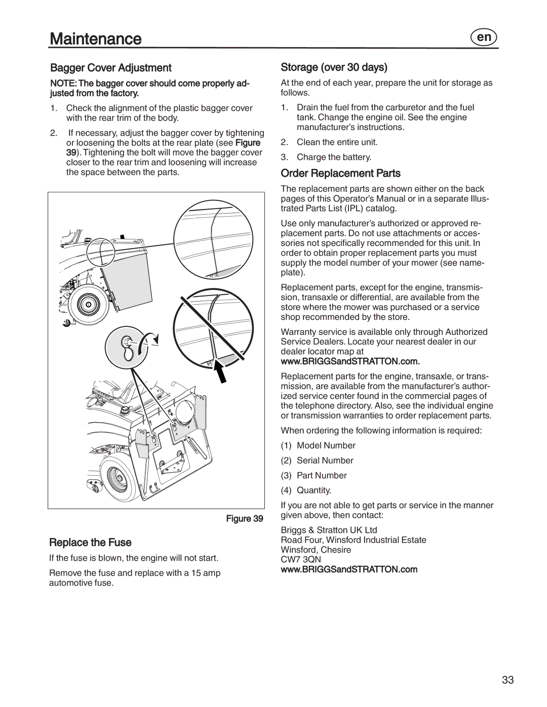 Simplicity 7800353, 885193 manual Bagger Cover Adjustment, Replace the Fuse, Storage over 30 days, Order Replacement Parts 