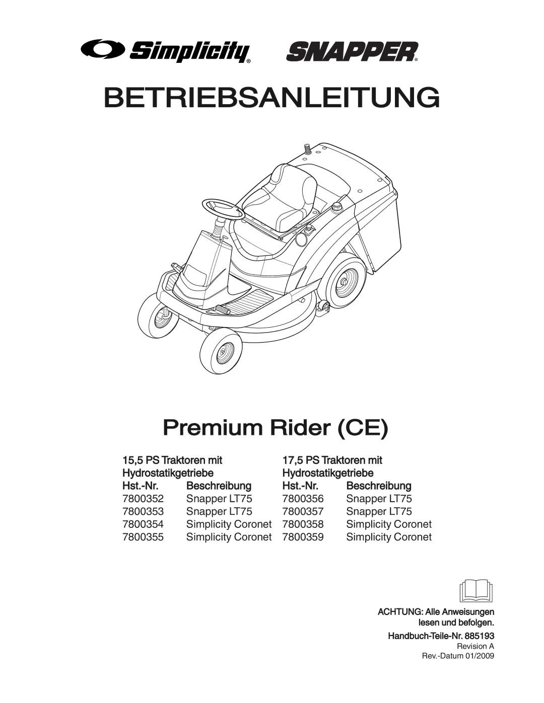 Simplicity 7800352, 885193, 7800357, 7800356, 7800353 manual Betriebsanleitung 