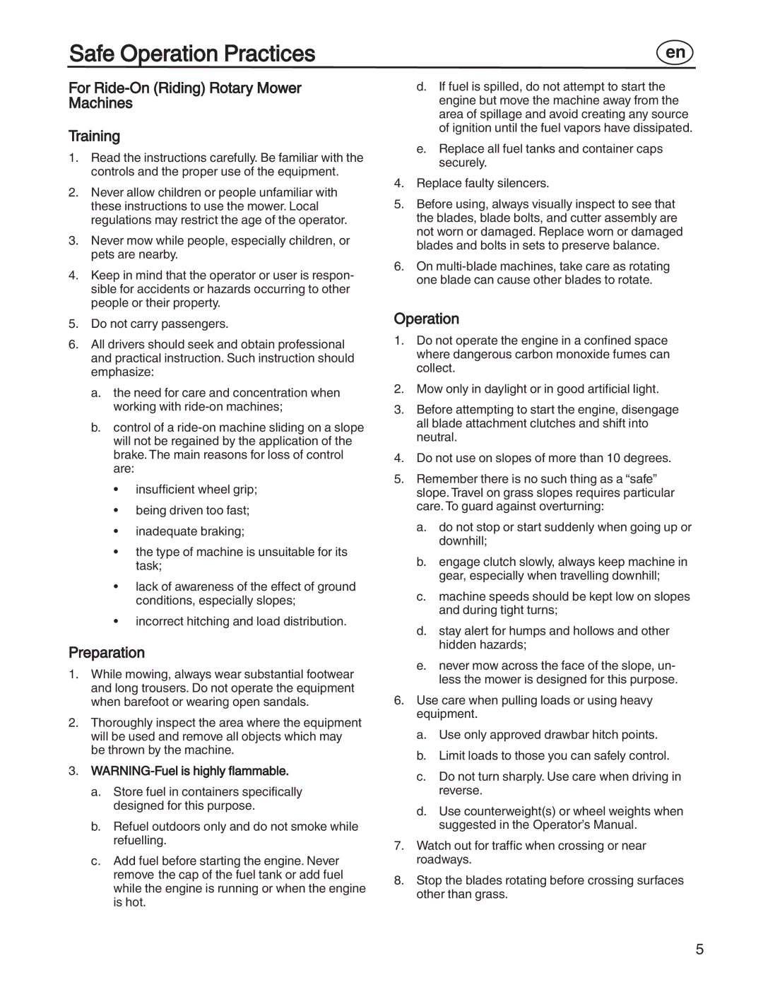 Simplicity 885193, 7800357 manual Safe Operation Practices, For Ride-On Riding Rotary Mower Machines Training, Preparation 