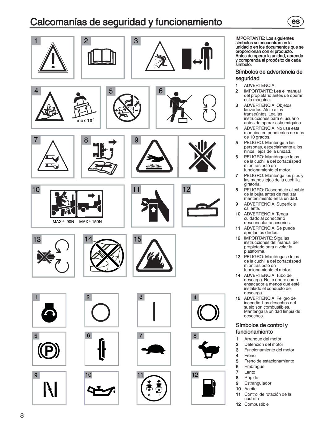 Simplicity 7800352, 885193, 7800357, 7800356 manual Símbolos de advertencia de seguridad, Símbolos de control y funcionamiento 