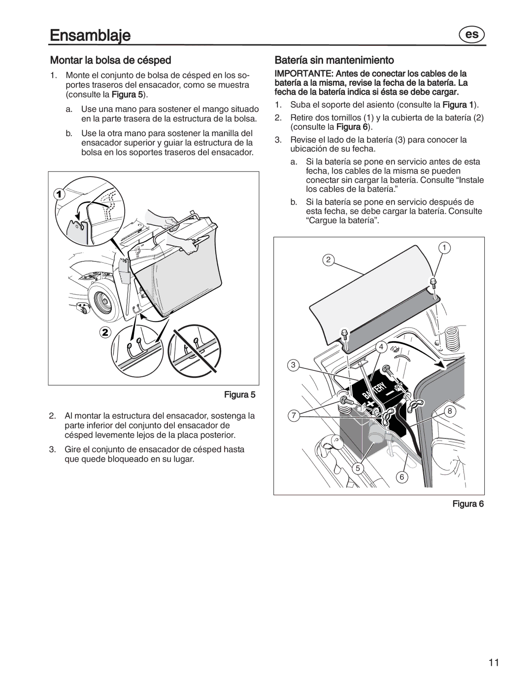 Simplicity 7800356, 885193, 7800357, 7800353, 7800352 manual Montar la bolsa de césped, Batería sin mantenimiento 