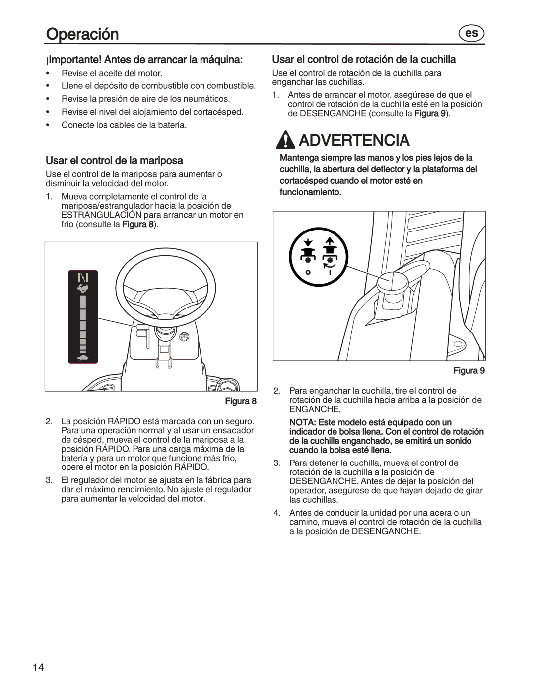 Simplicity 885193, 7800357, 7800356, 7800353 manual ¡Importante! Antes de arrancar la máquina, Usar el control de la mariposa 