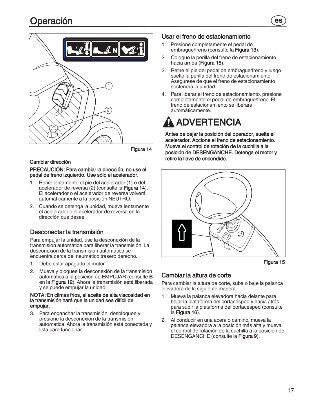 Simplicity 7800353, 885193 manual Desconectar la transmisión, Usar el freno de estacionamiento, Cambiar la altura de corte 