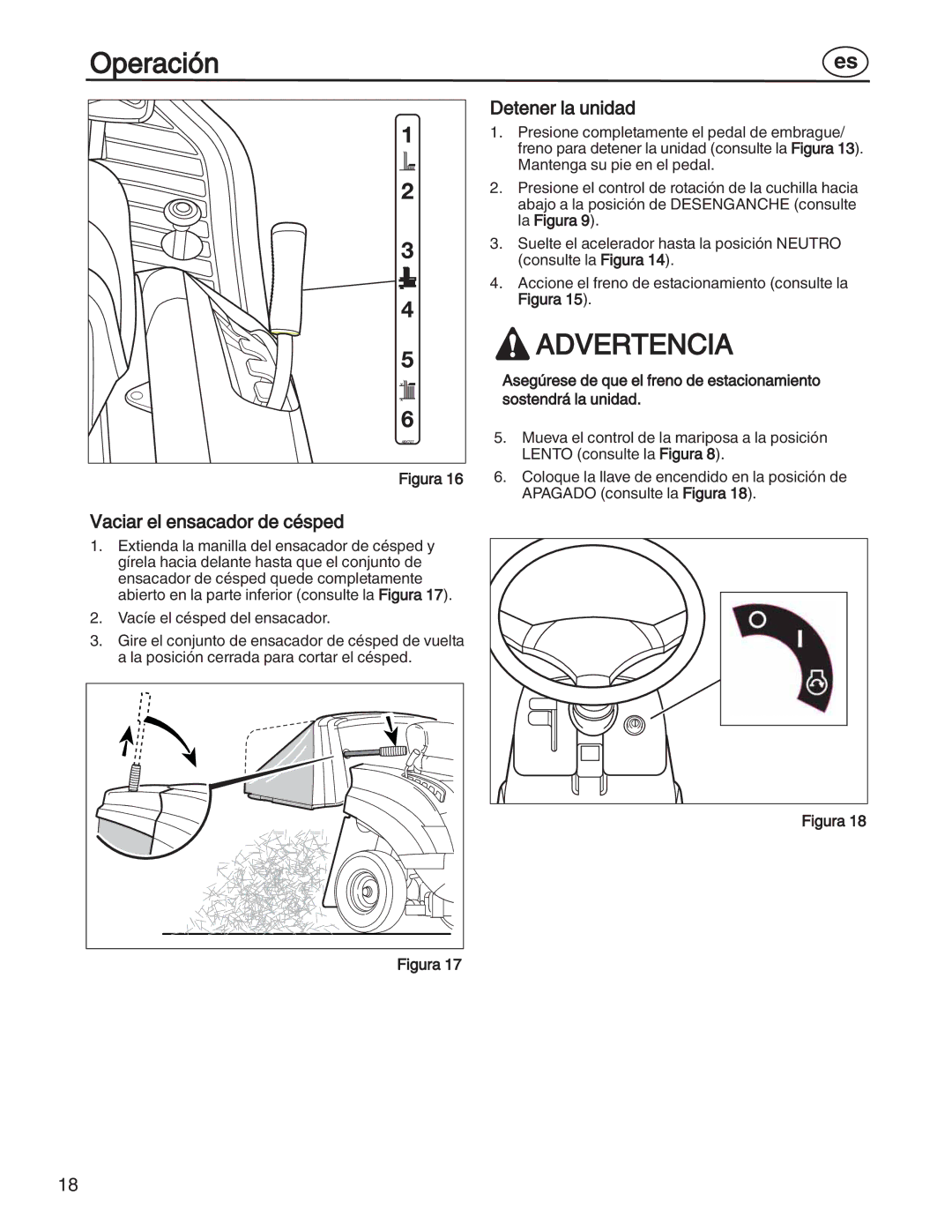 Simplicity 7800352, 885193, 7800357, 7800356, 7800353 manual Vaciar el ensacador de césped, Detener la unidad 