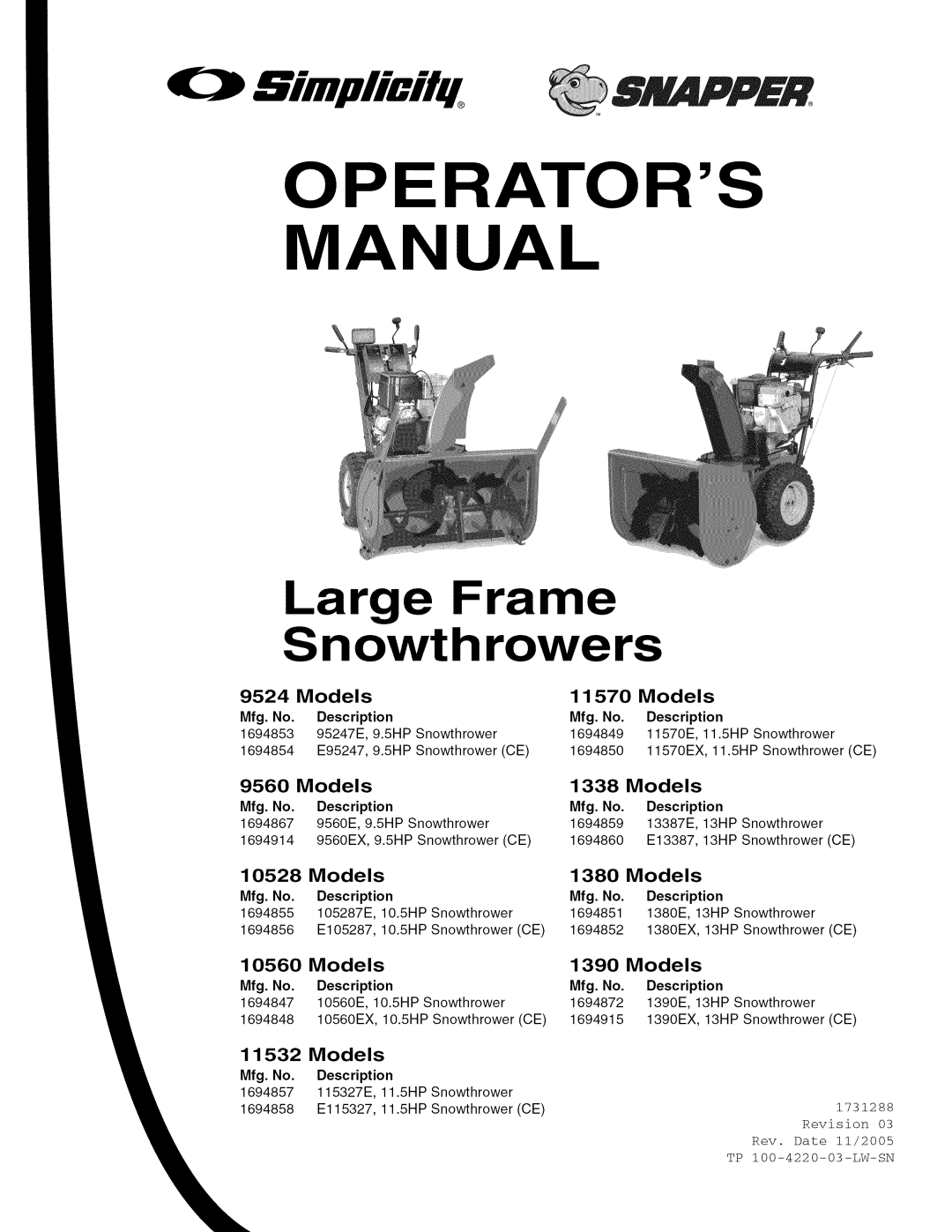 Simplicity 9524, 9560, 1380, 11532, 11570, 1338, 10528, 10560 manual Operators 