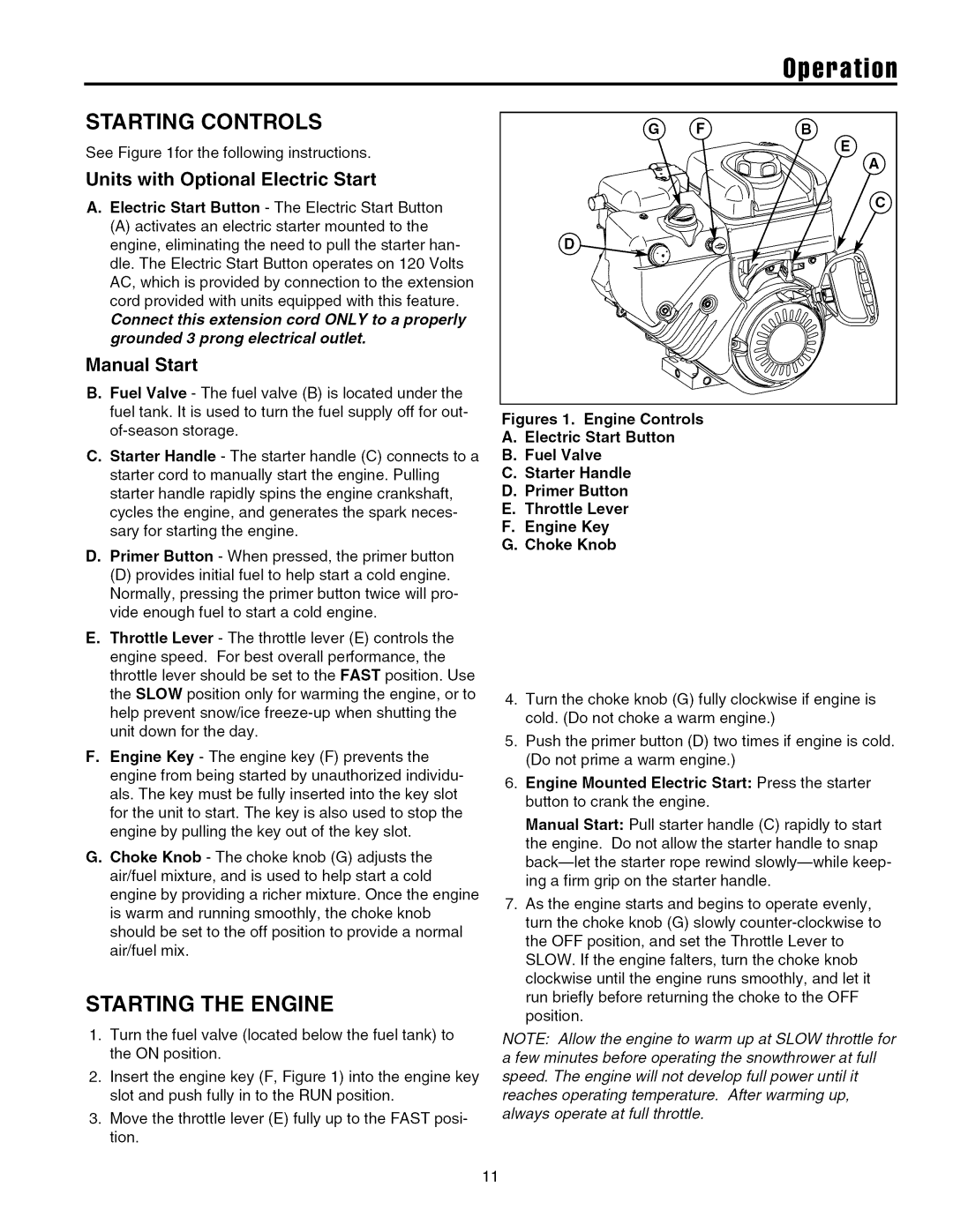 Simplicity 11570, 9560, 9524, 1380, 11532, 1338, 10528, 10560 manual Starting the Engine 