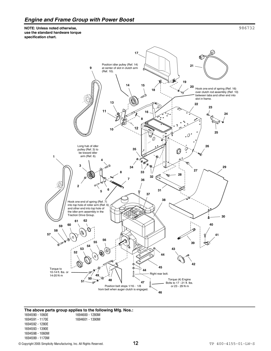 Simplicity 1390M, 9560M, 9560E, 1390E, 1280E, 1060E, 1170E, 1170M, 1060M, 1280M Engine and Frame Group with Power Boost, 986732 