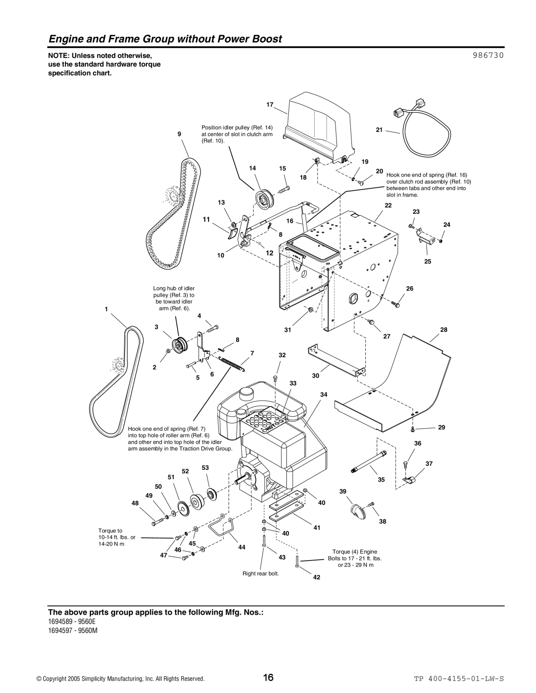 Simplicity 1170E, 9560M, 9560E, 1390M, 1390E, 1280E, 1060E, 1170M, 1060M, 1280M Engine and Frame Group without Power Boost, 986730 