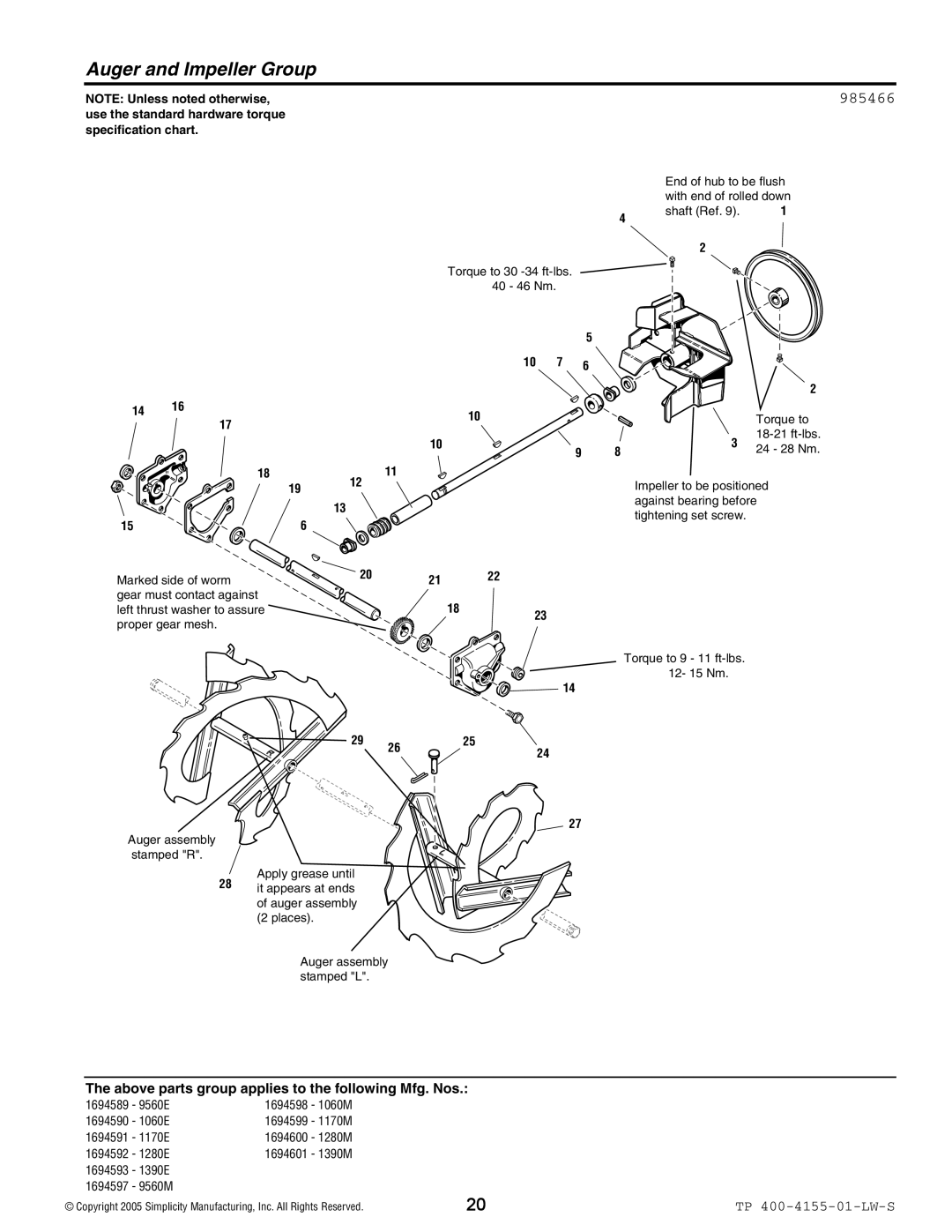 Simplicity 9560M, 9560E, 1390M, 1390E, 1280E, 1060E, 1170E, 1170M, 1060M, 1280M manual Auger and Impeller Group, 985466 