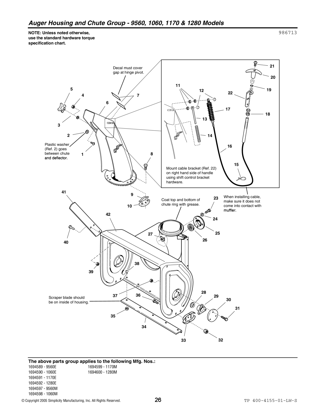 Simplicity 1170E, 9560M, 9560E, 1390M, 1390E, 1280E, 1060E Auger Housing and Chute Group 9560, 1060, 1170 & 1280 Models, 986713 