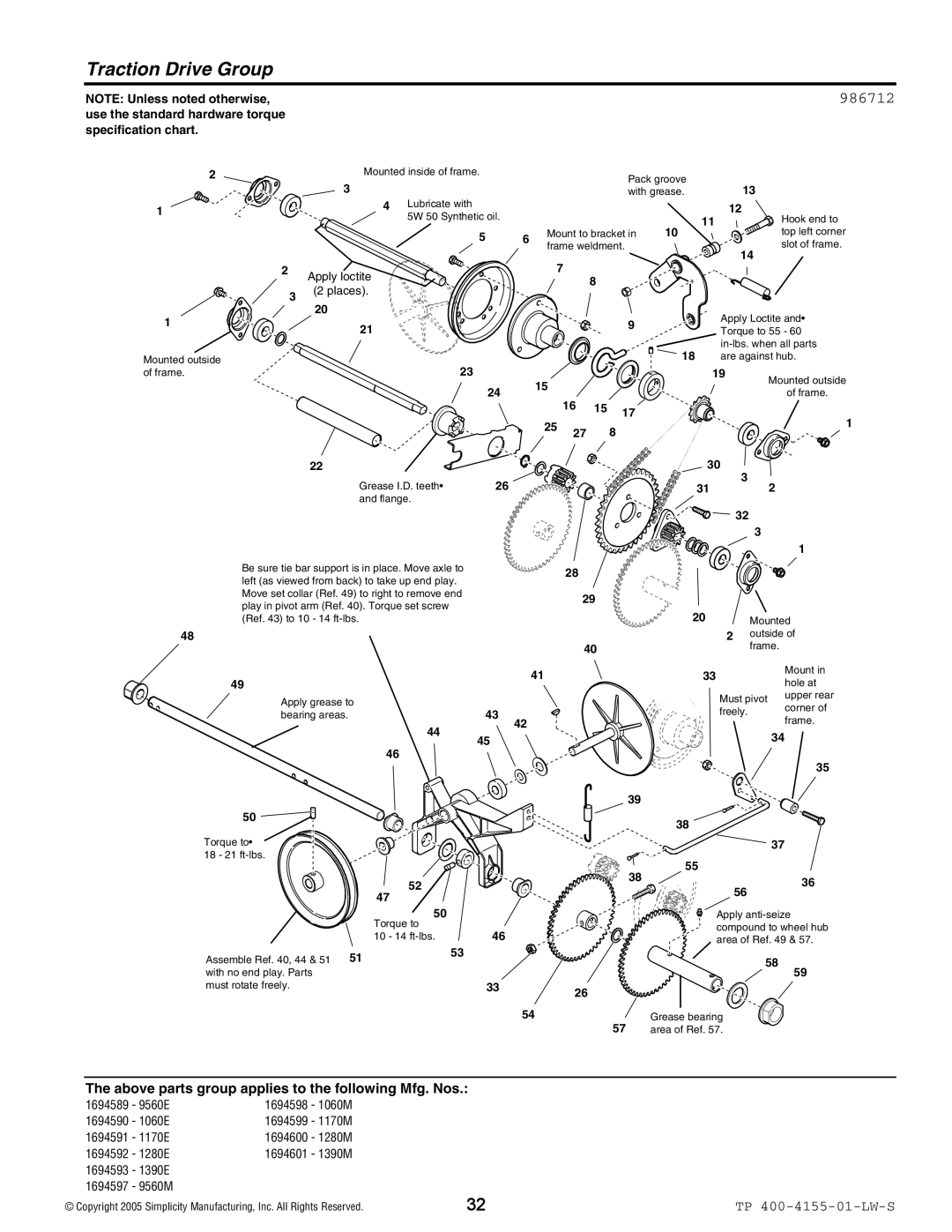 Simplicity 1390M, 9560M, 9560E, 1390E, 1280E, 1060E, 1170E, 1170M, 1060M, 1280M manual Traction Drive Group 