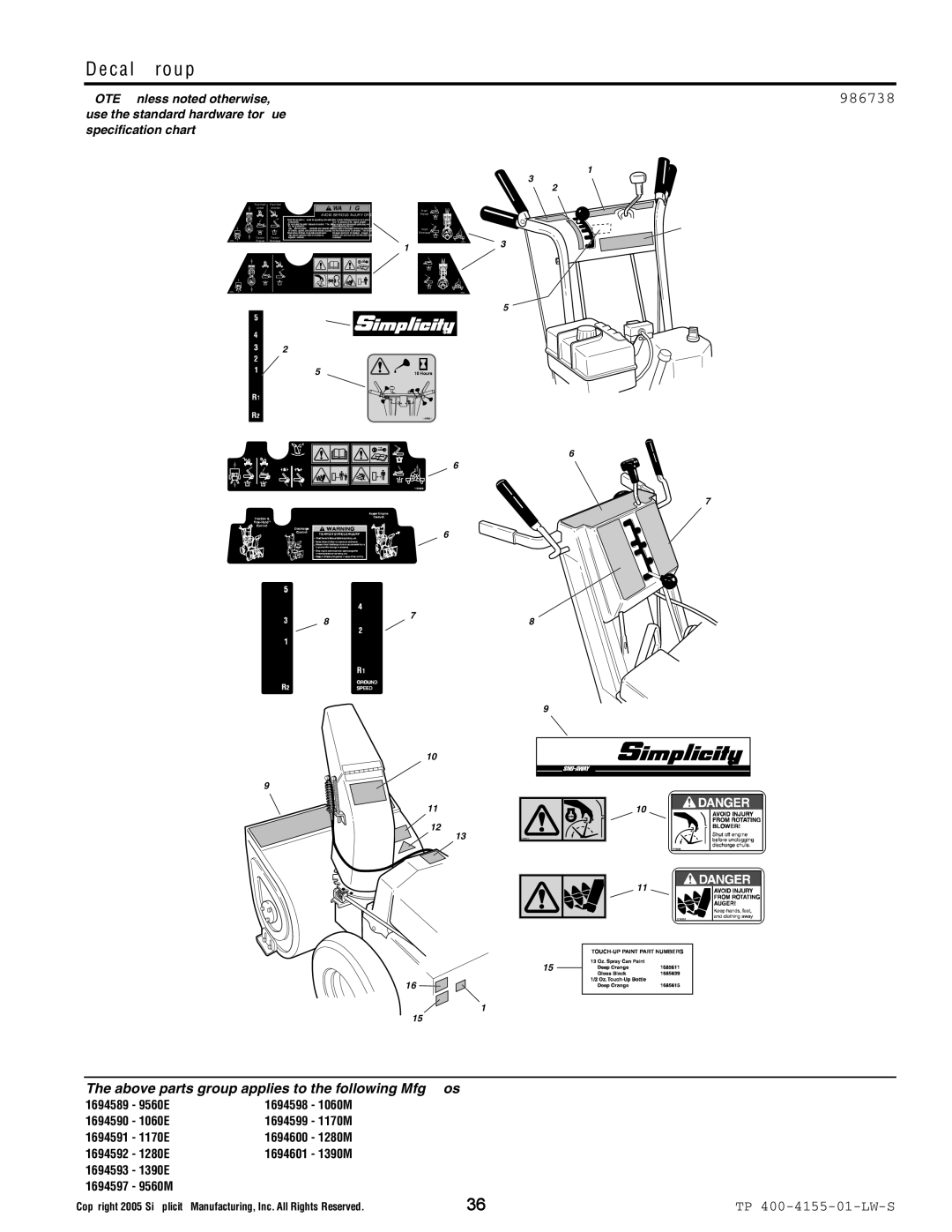 Simplicity 1170E, 9560M, 9560E, 1390M, 1390E, 1280E, 1060E, 1170M, 1060M, 1280M manual Decal Group, Avoid Serious Injury or Death 